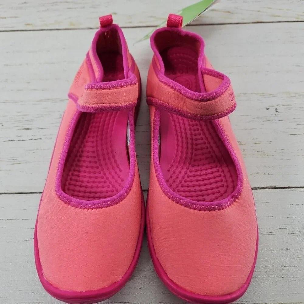 Crocs Duet Busy Day Coral‎ Pink Mary Jane Slip On Shoes Girls J2 Ballet 15352